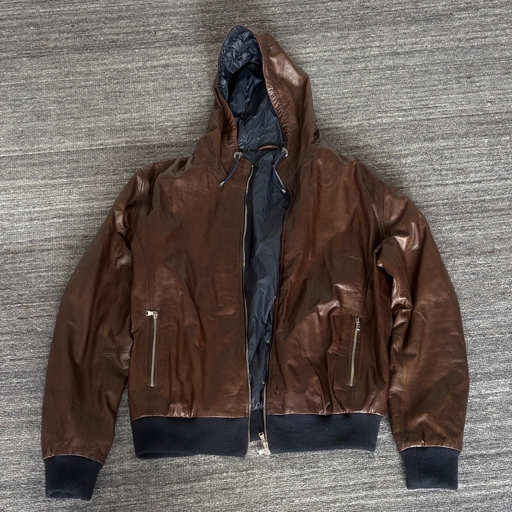 Men's Brown Leather Hooded Bomber Jacket
